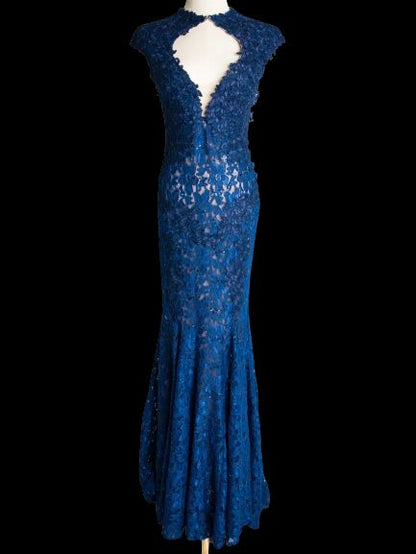 Good Jovani Blue Lace Dress with Deep V-Neckline for Women