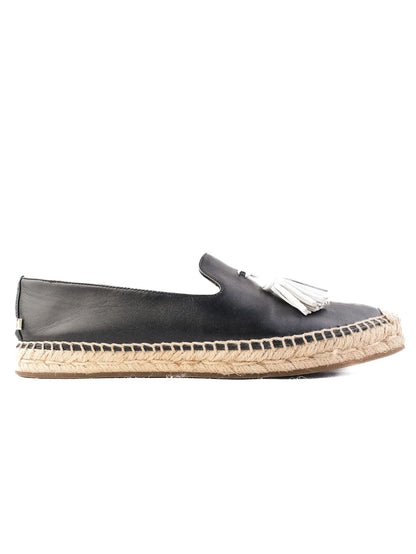 Burberry Black Leather Espadrille Shoes with White Tassel