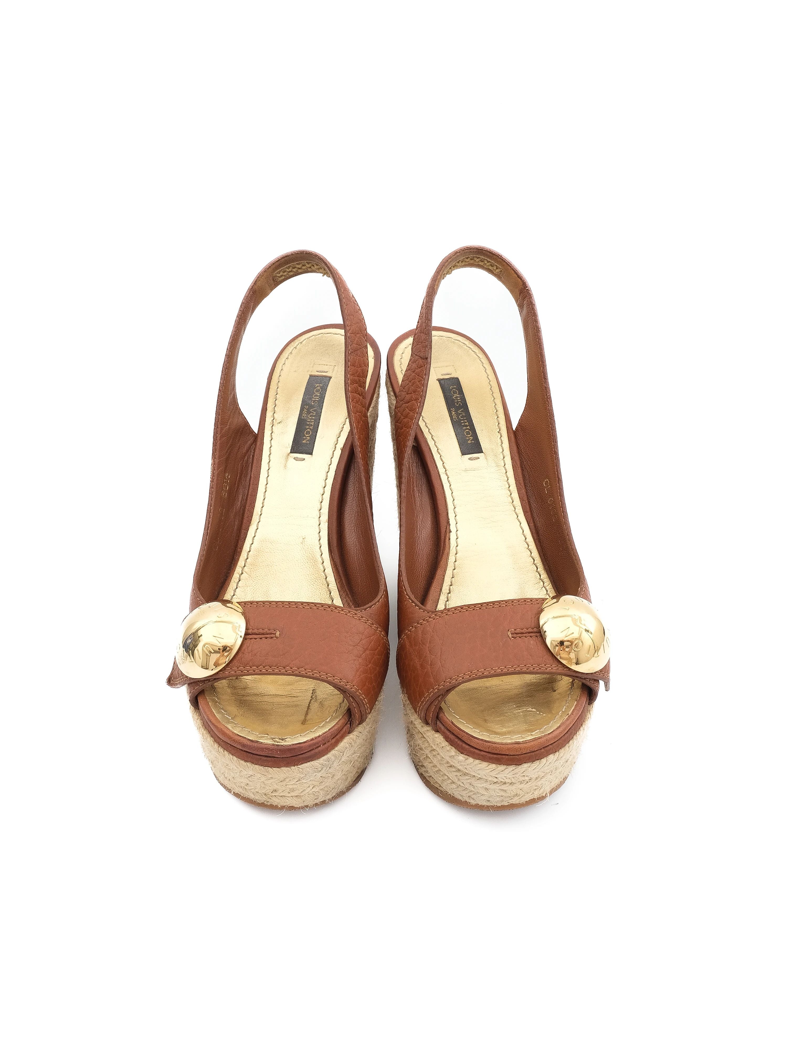 Excellent Louis Vuitton Orange Leather Wedge Sandals Size 36.5