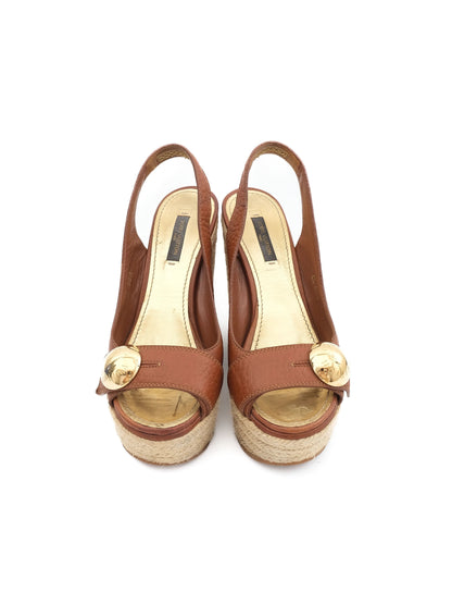 Excellent Louis Vuitton Orange Leather Wedge Sandals Size 36.5