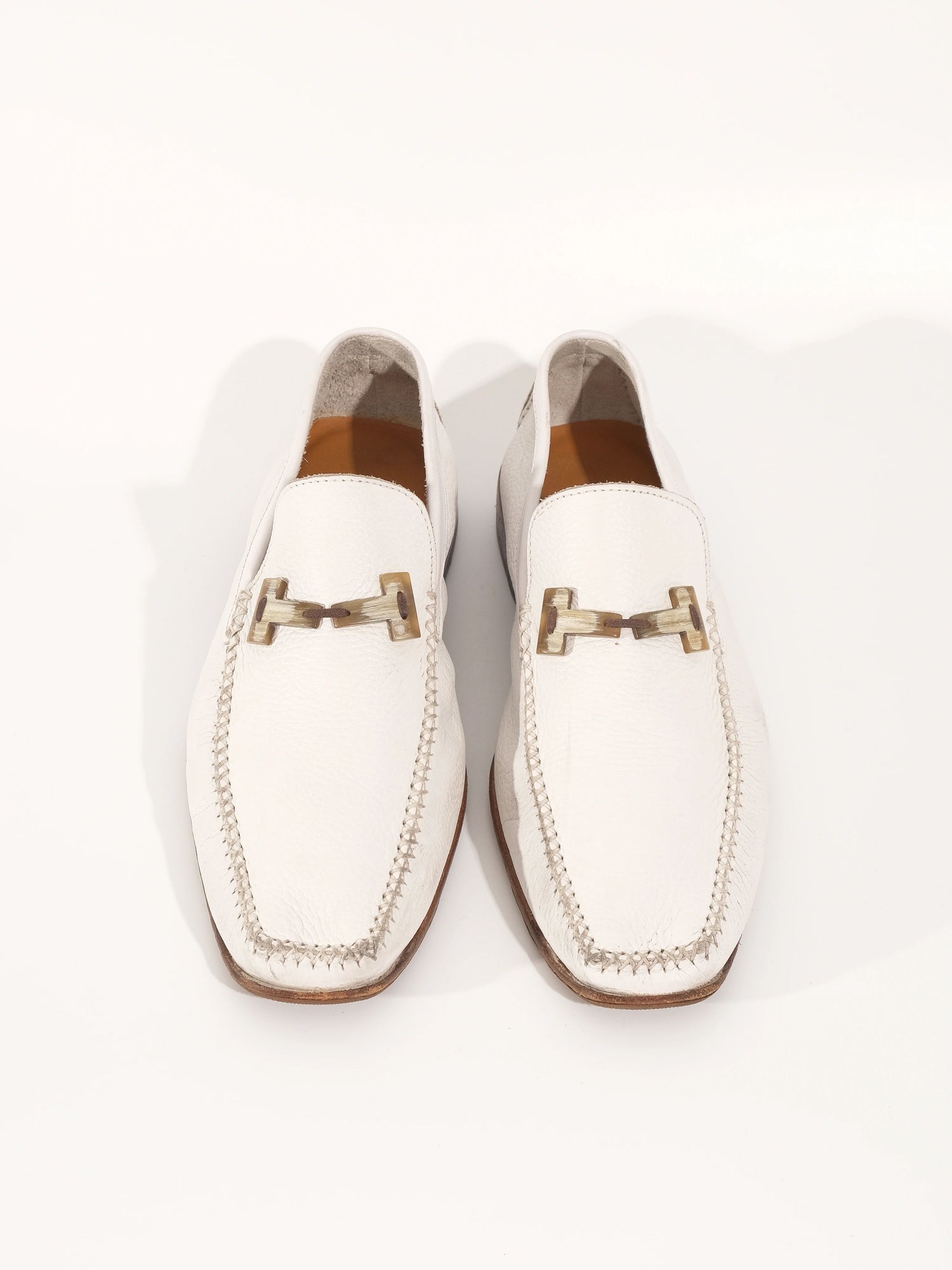 Excellent A.Testoni White Leather Loafers Size 43 with Wooden Sole