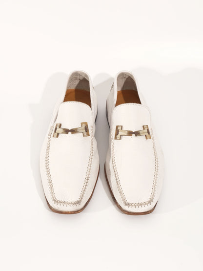 Excellent A.Testoni White Leather Loafers Size 43 with Wooden Sole