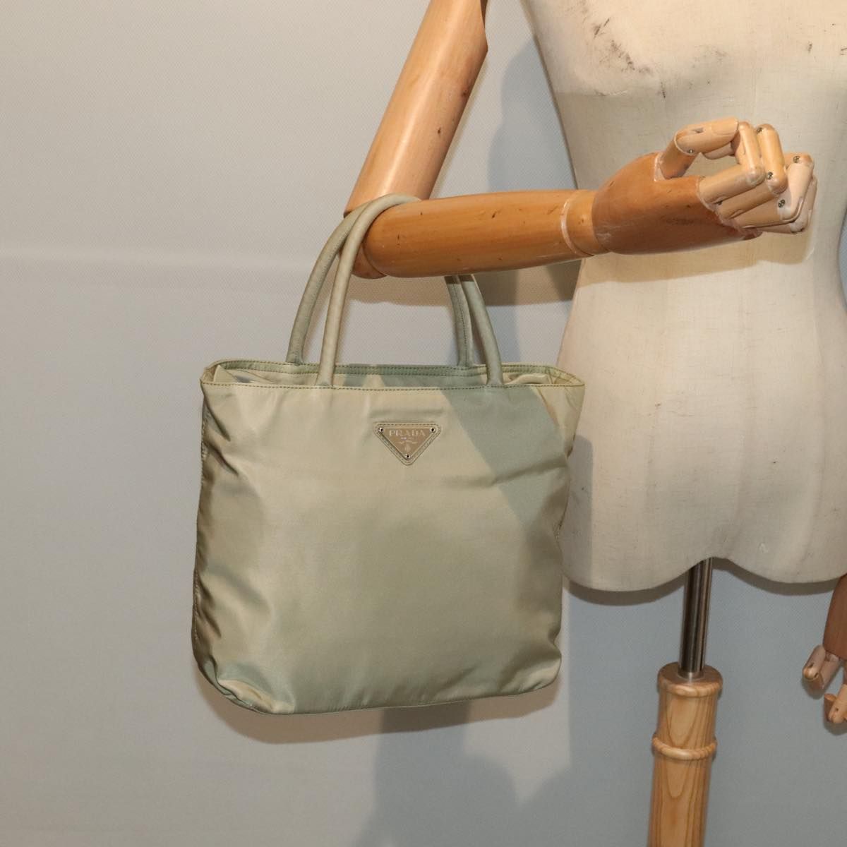 Prada Hand Bag Nylon Beige Silver Auth