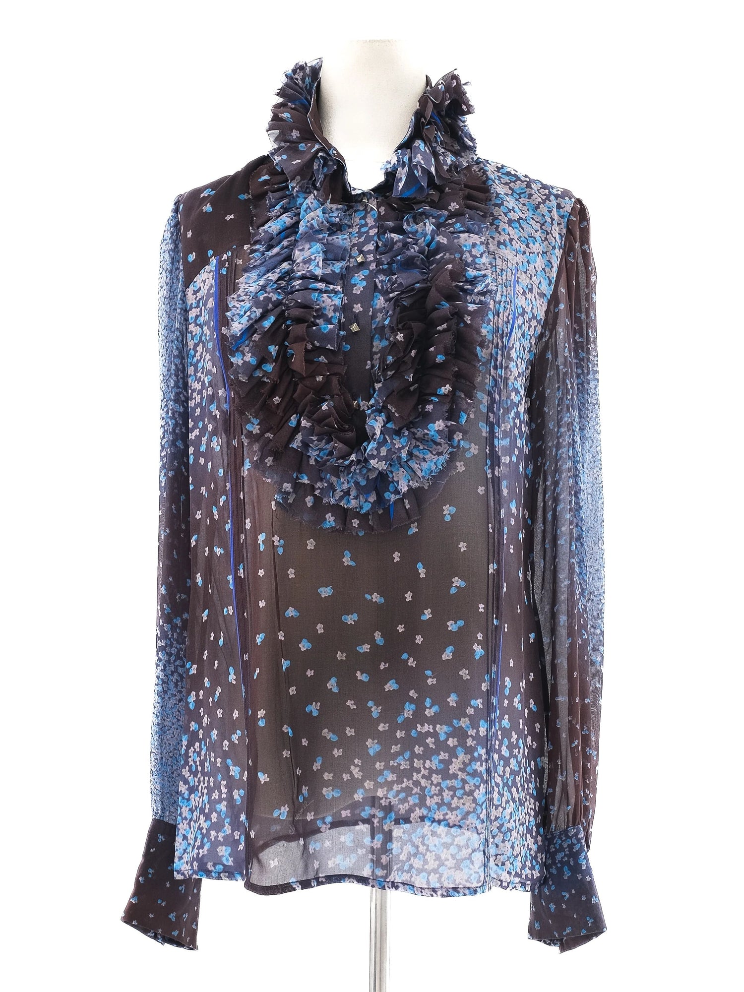 Class Roberto Cavalli Sheer Floral Blouse Blue Silk Size L Excellent