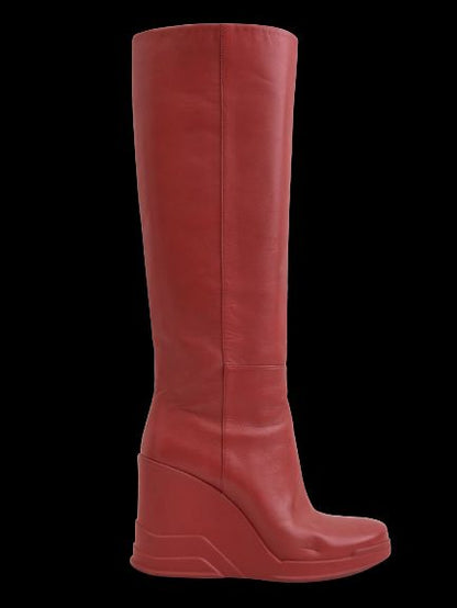 Excellent Prada Red Leather Wedge-Heeled Knee-High Boots Size 37.5