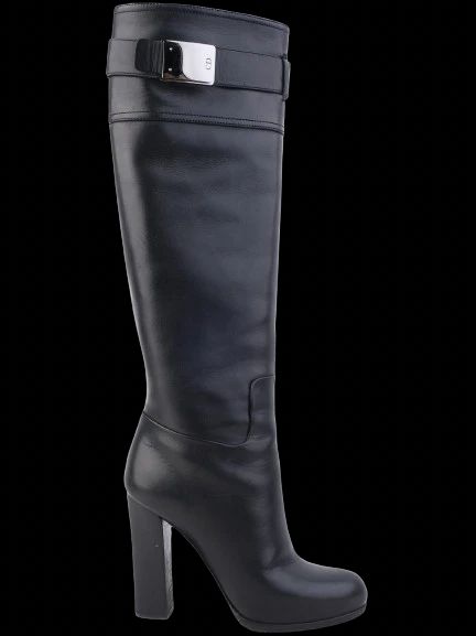 Excellent Dior Black Leather Knee-High Boots Size 36 with Buckle Detail