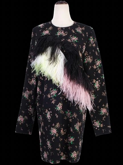Excellent MSGM Black Floral Dress with Feather Embellishments Size XL