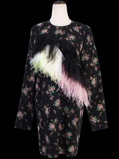 Excellent MSGM Black Floral Dress with Feather Embellishments Size XL
