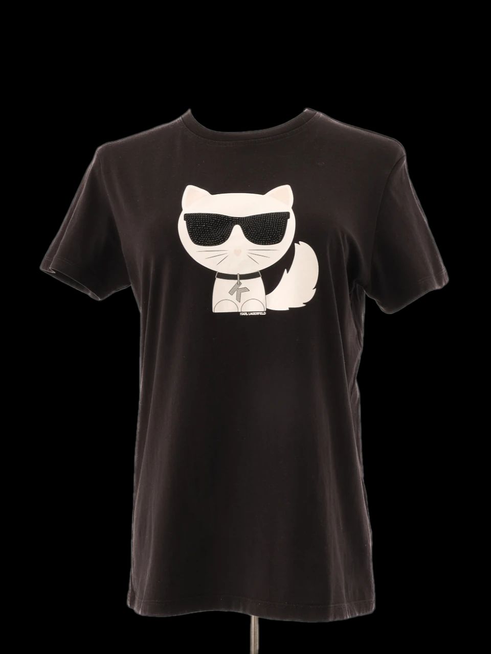 Excellent Karl Lagerfeld Black Cotton T-Shirt Size M with Cat Graphic