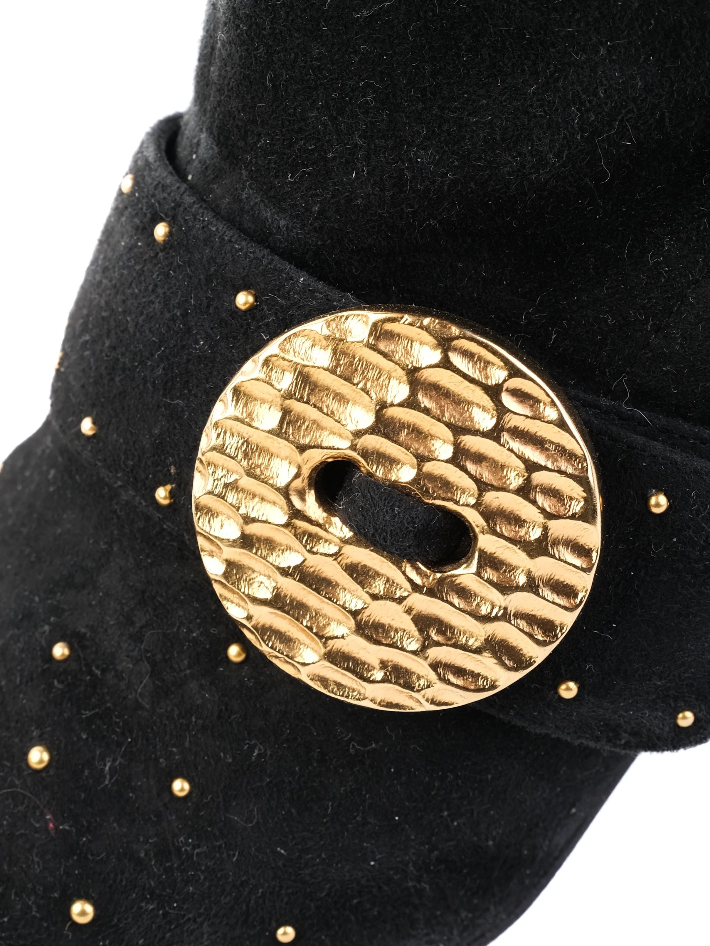 Excellent Prada Black Leather Thigh-High Boots Size 40 with Gold Accents