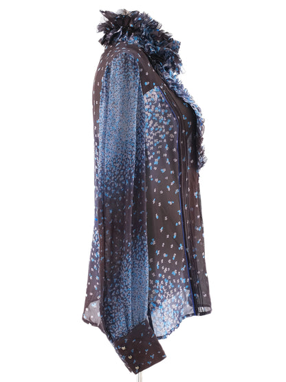 Class Roberto Cavalli Sheer Floral Blouse Blue Silk Size L Excellent