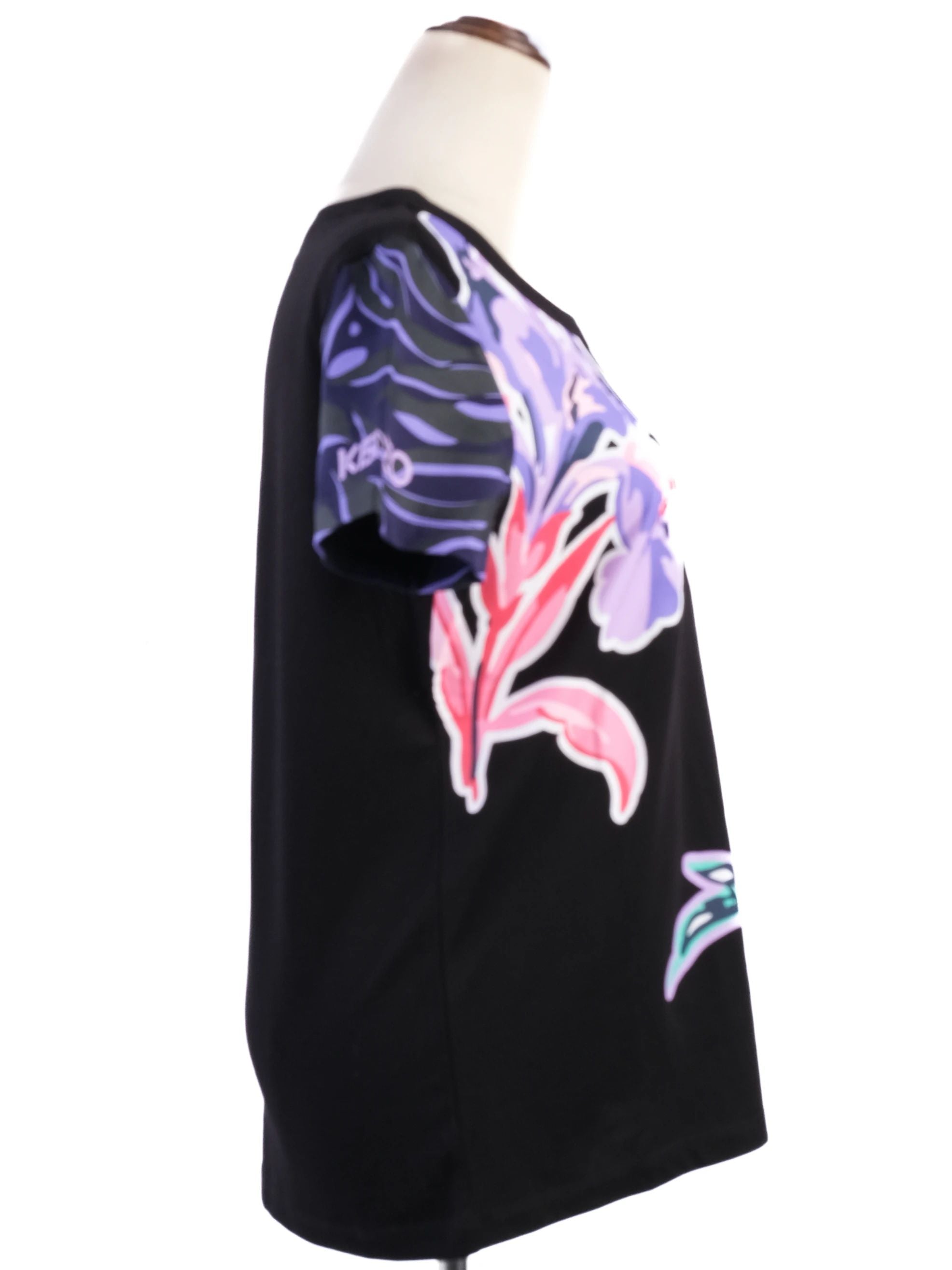 Excellent Kenzo Black Cotton T-Shirt with Colorful Floral Design, XS