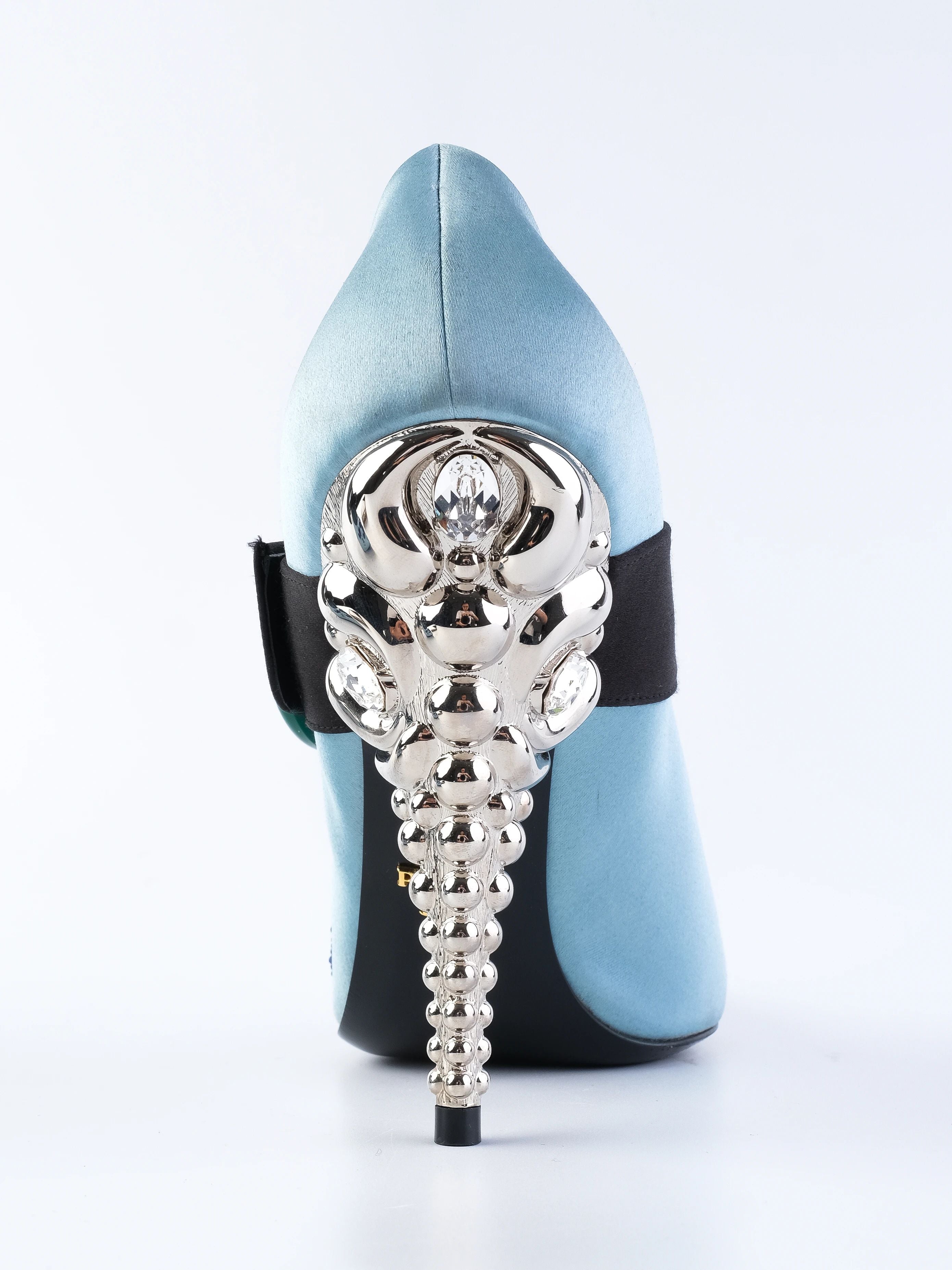 Excellent Prada Blue Satin High-Heeled Shoes with Beaded Embellishments