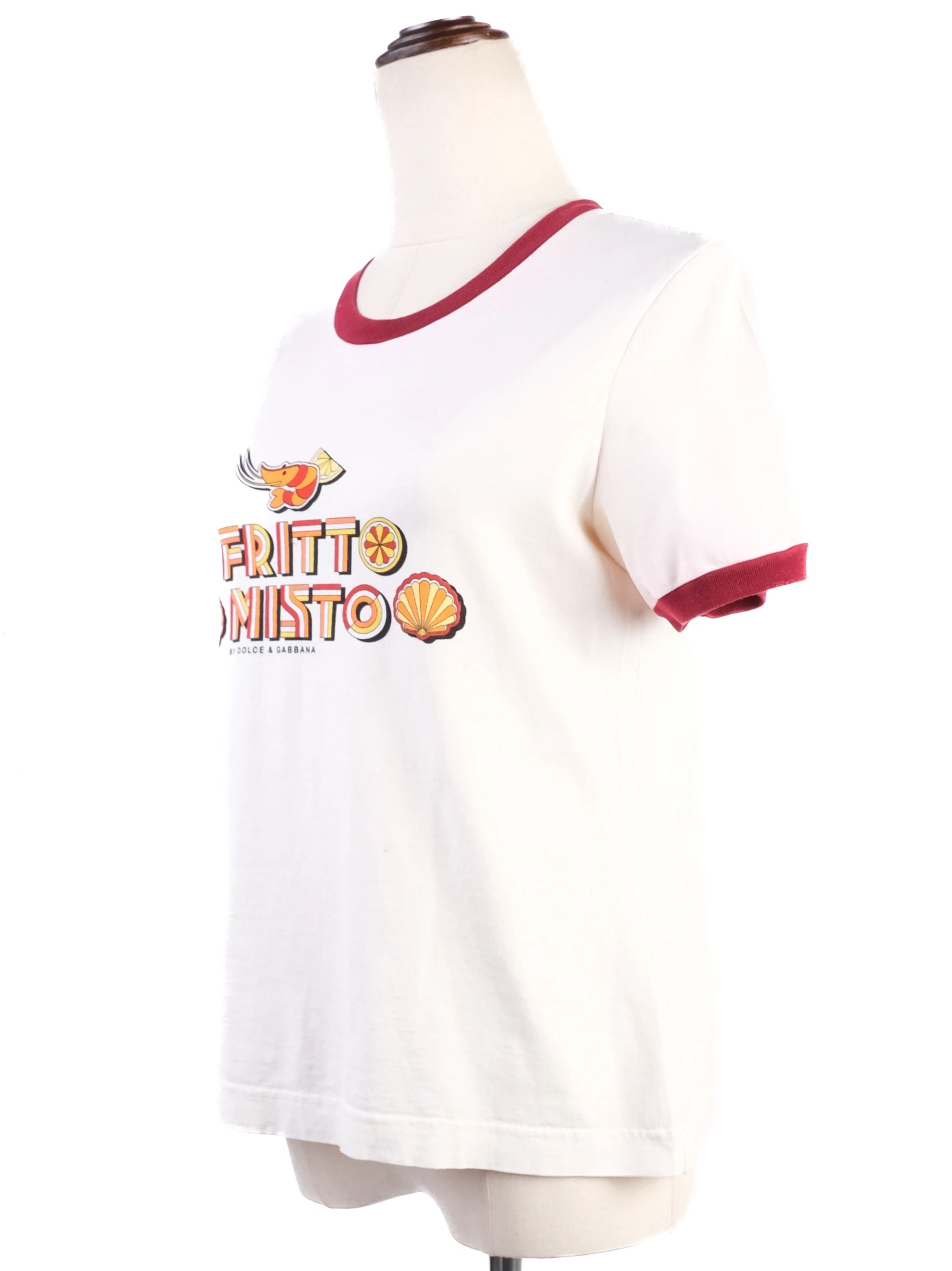 Excellent Dolce Gabbana White T-Shirt Red Trim Women FRITTO MISTO Graphic