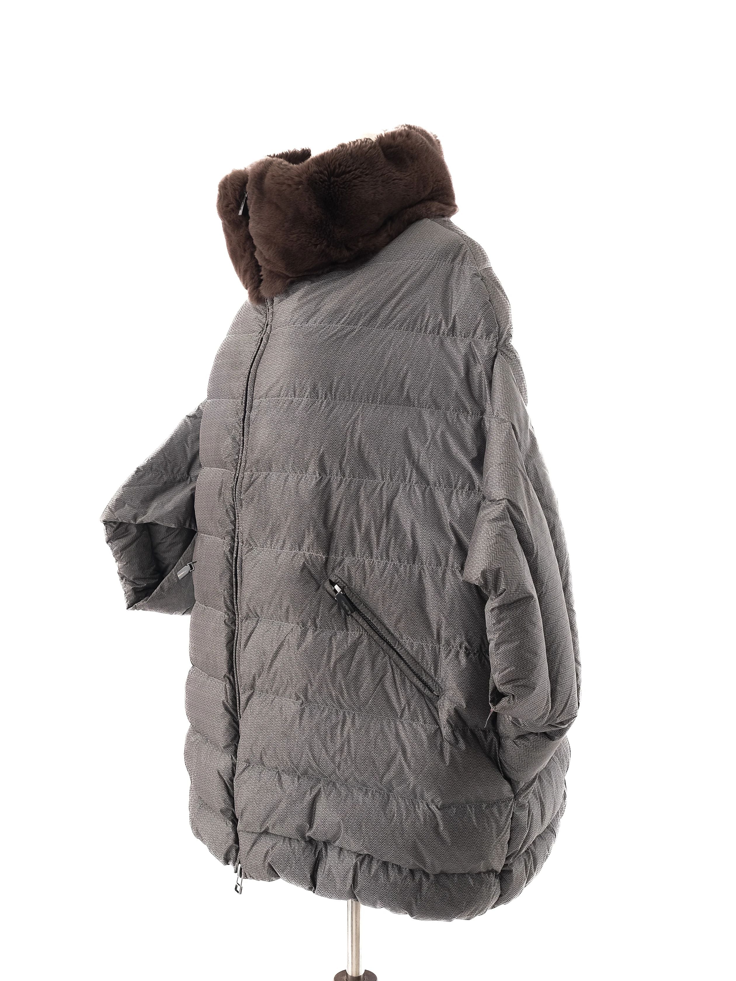 Perfect ODRI Gray Nylon Puffer Jacket XL with Brown Fur Collar