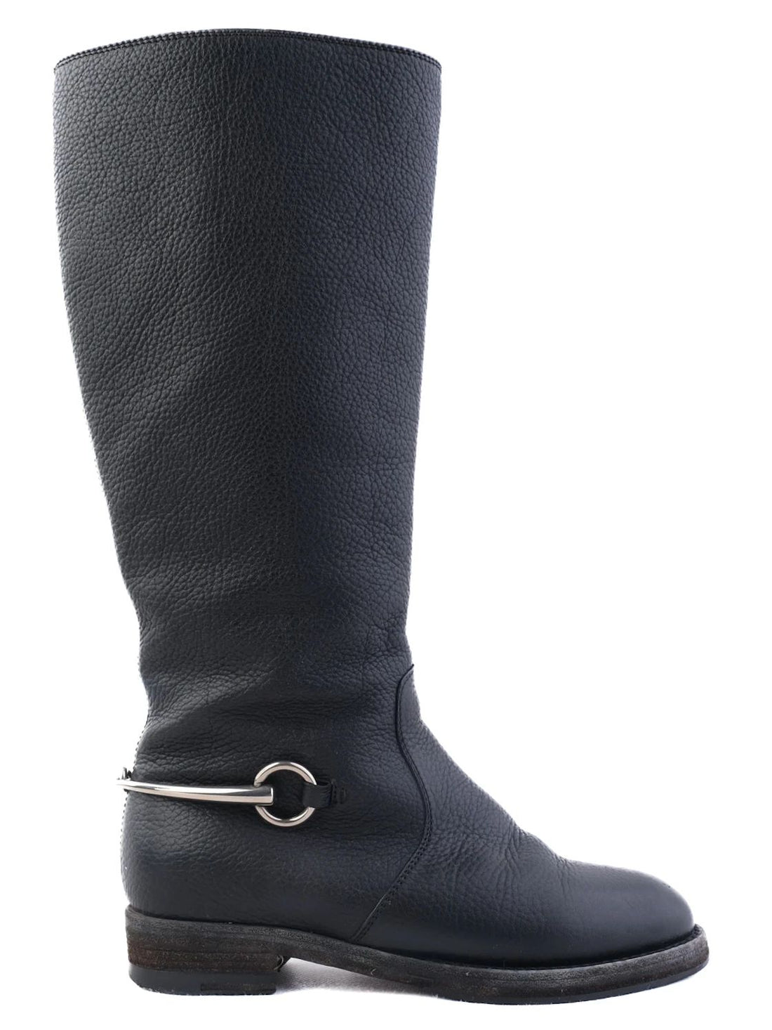 Excellent Gucci Black Leather Knee-High Boots with Silver Buckle Detail