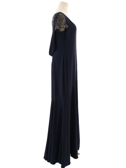 NEW Theia Couture Formal Navy Blue Gown Size XL with Beaded Details
