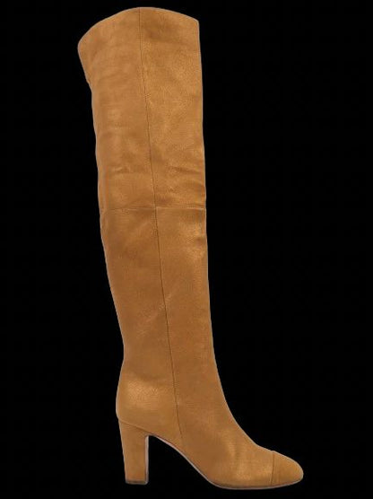 Excellent Chanel Orange Leather Knee-High Boots with Block Heel