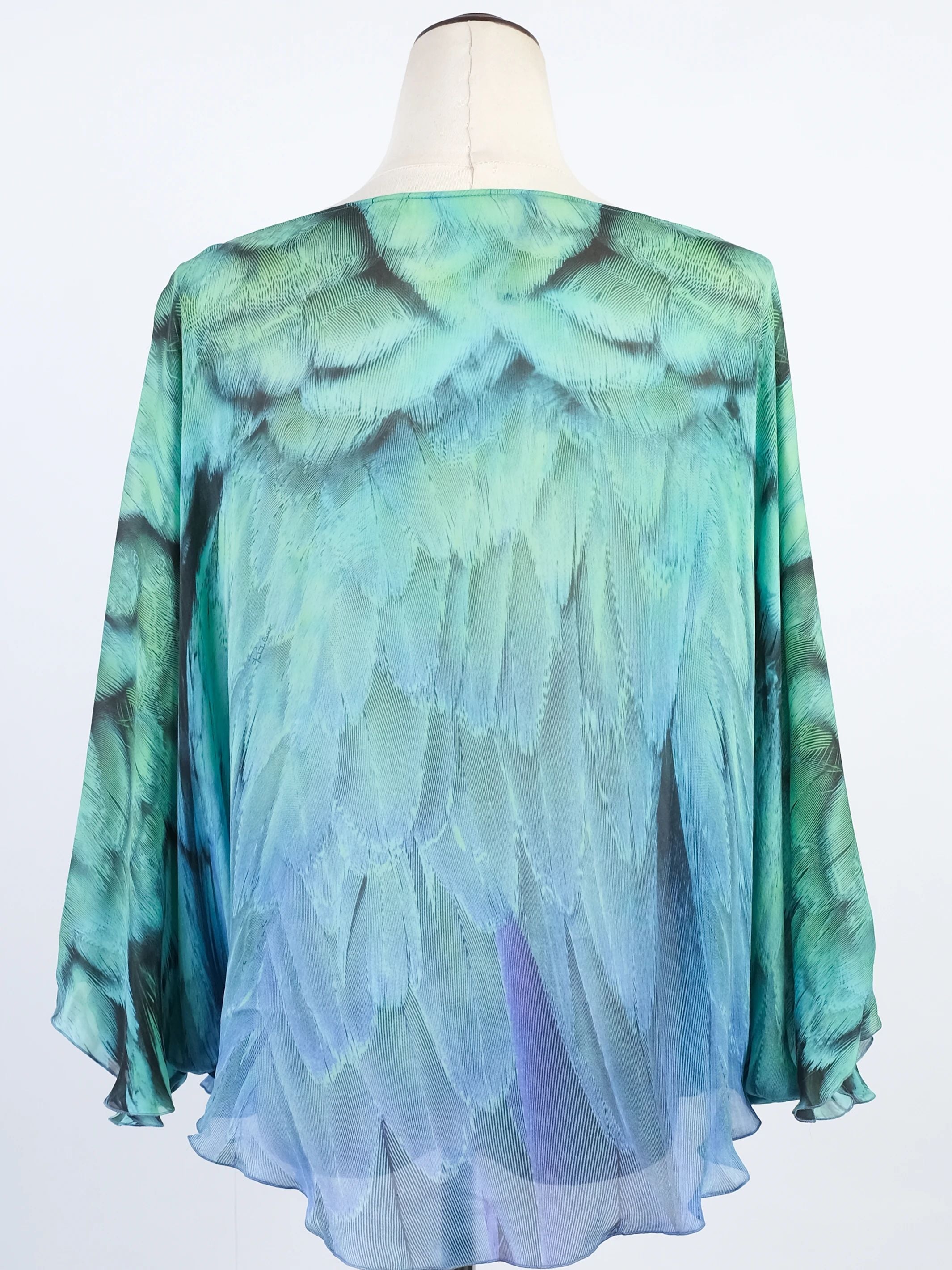 Excellent Roberto Cavalli Green Silk Blouse with Feather Pattern Size L