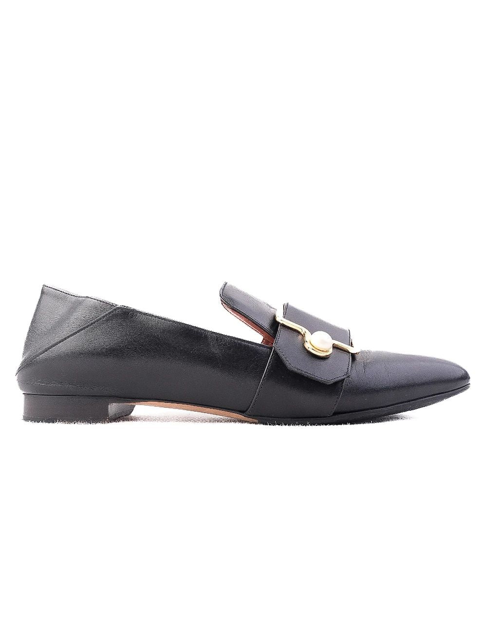 Good Bally Black Leather Loafers with Gold Buckle Size 38.5