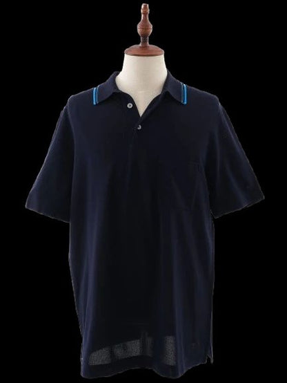 Excellent Hermes Blue Polo Shirt Cotton Size L Double Stripe