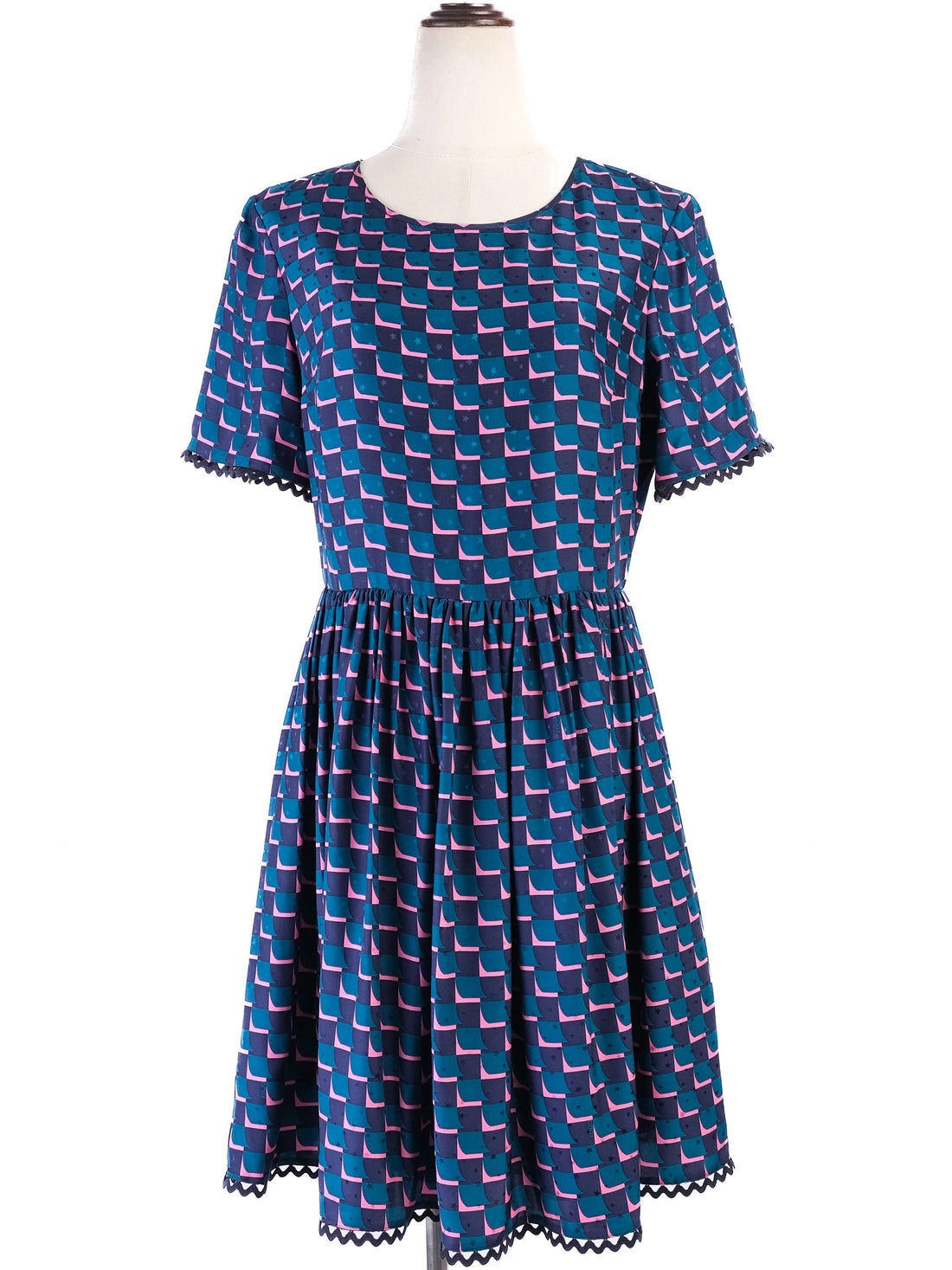 Excellent Kenzo Silk Dress Blue Pink Pattern Size L
