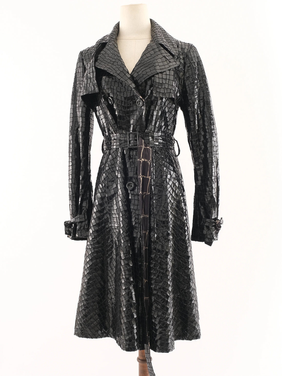 Excellent Armani Collezioni Black Crocodile-Patterned Trench Coat L