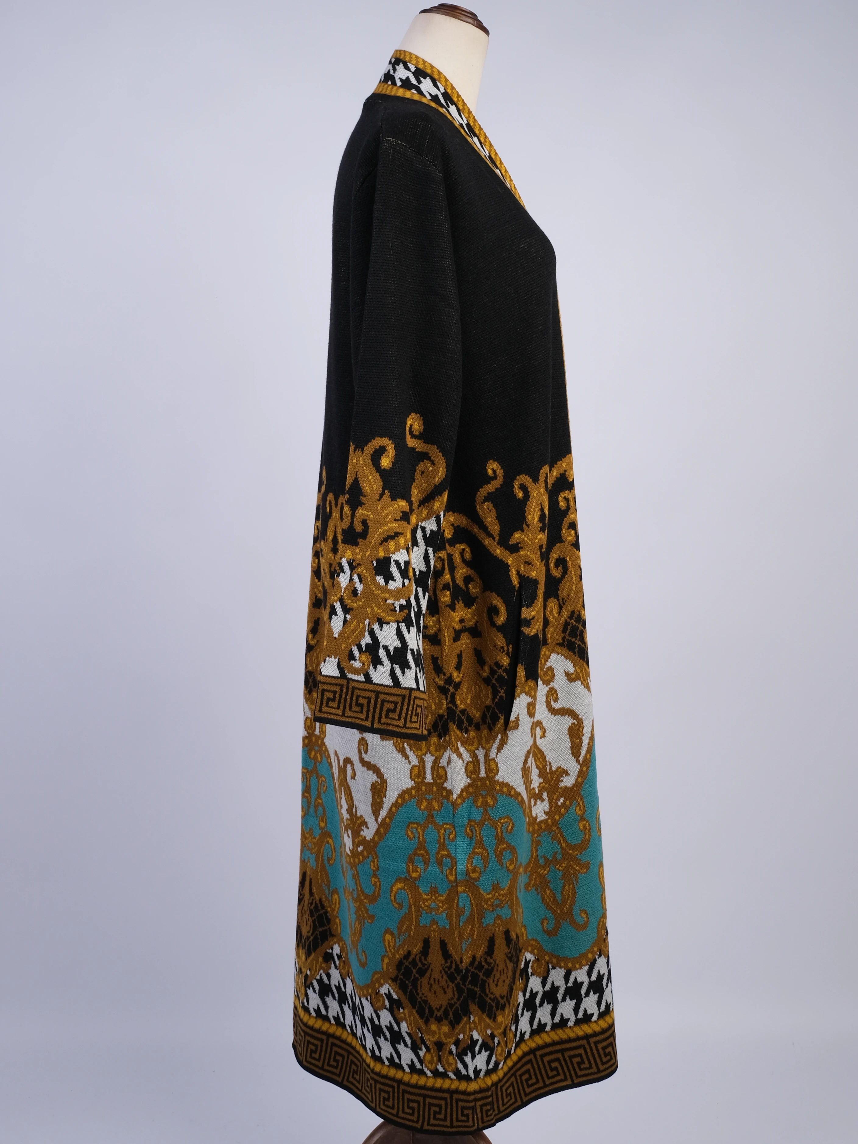 NEW Max Sport Long Wool Cardigan Black Gold Turquoise Houndstooth Women