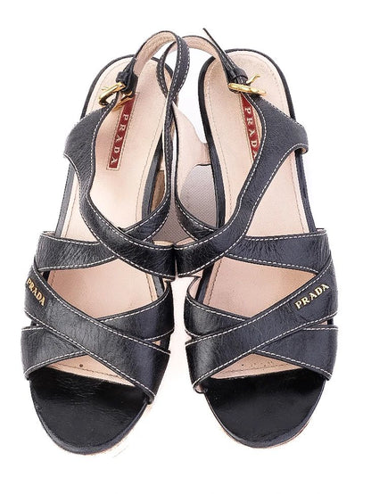 Excellent Prada Black Leather Wedge Sandals Size 38.5 with Cork Platform