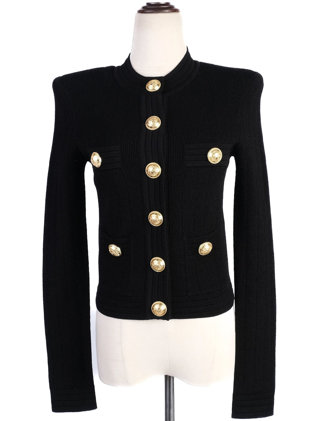 Excellent Balmain Black Ribbed Jacket Gold Buttons Size XS