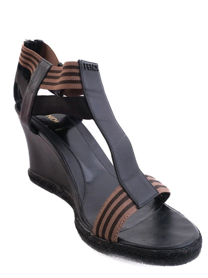 Perfect Fendi Black Leather Wedge Sandals with T-Strap Design