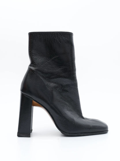 Excellent Black Leather Ankle Boots Square Heels Size 36