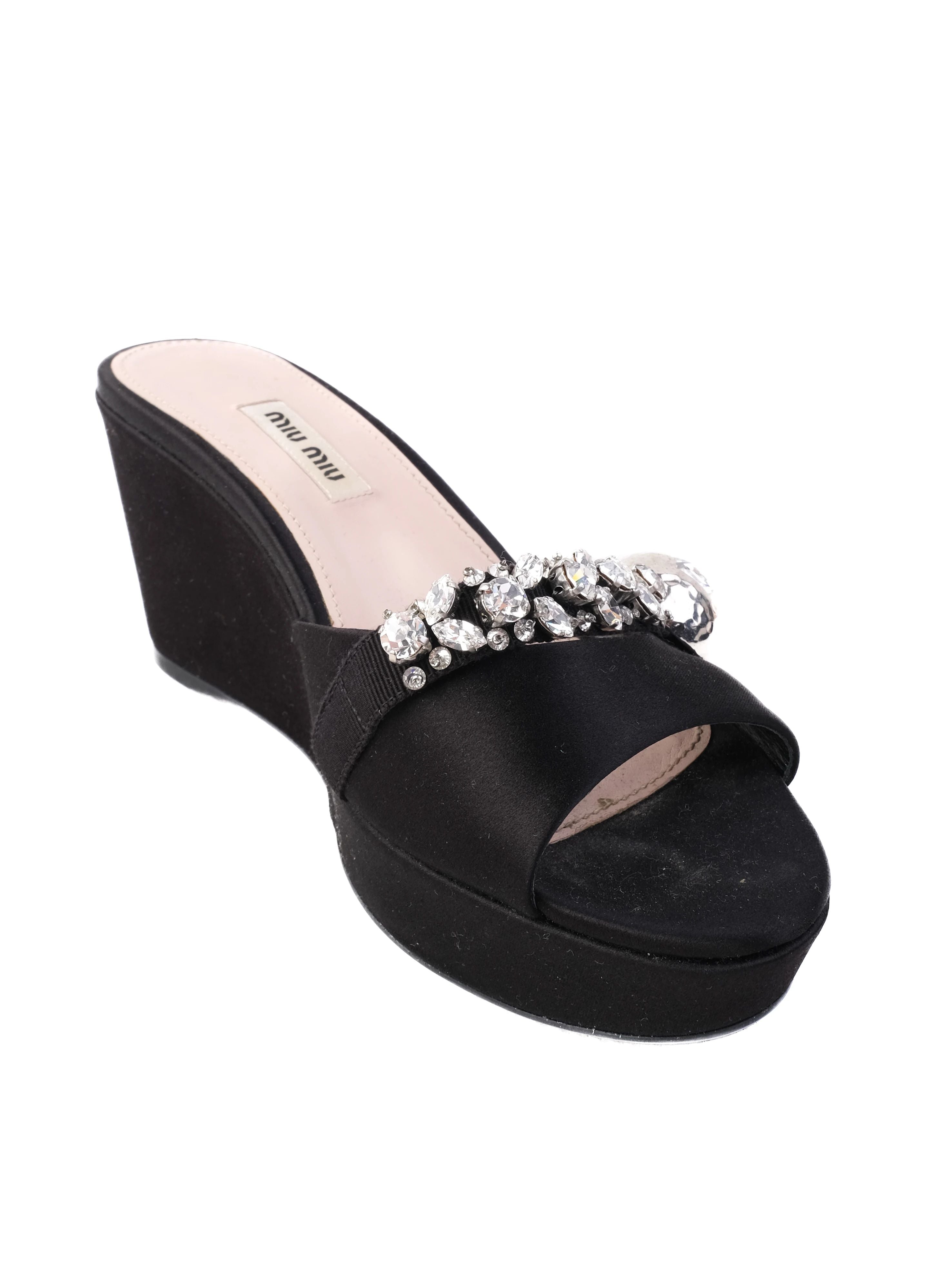 Perfect Miu Miu Black Fabric Wedge Sandals Peep-Toe Size 37