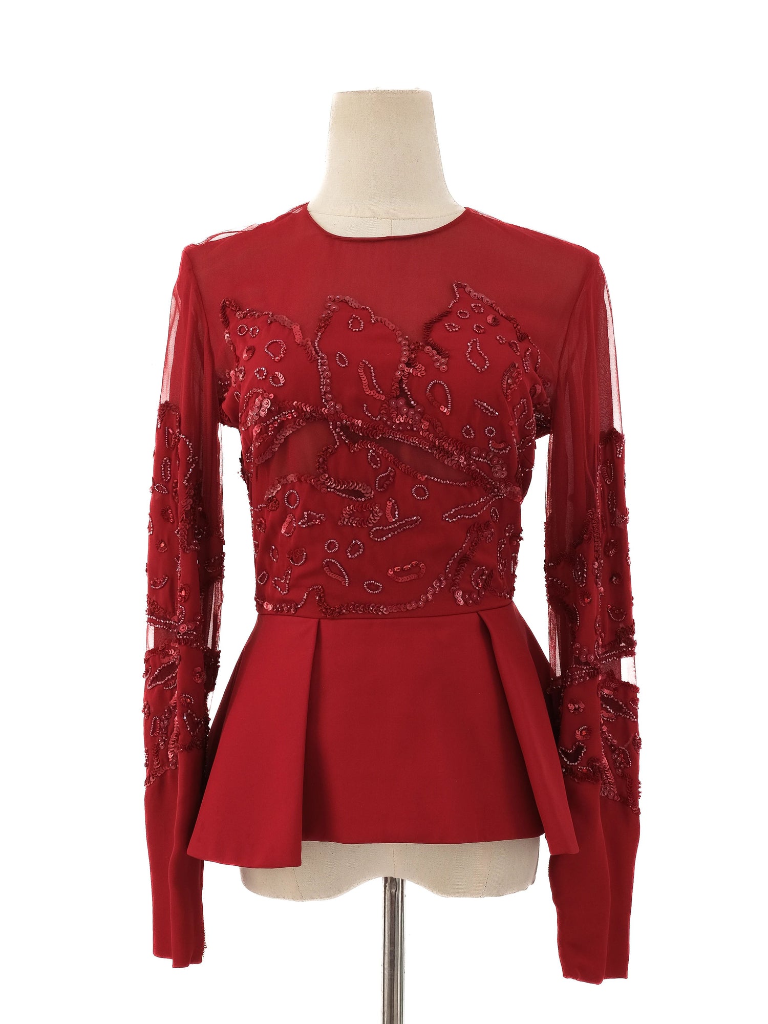 Excellent Elie Saab Red Silk Peplum Blouse Size S with Bead Embellishments