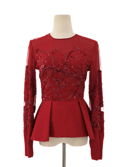 Excellent Elie Saab Red Silk Peplum Blouse Size S with Bead Embellishments