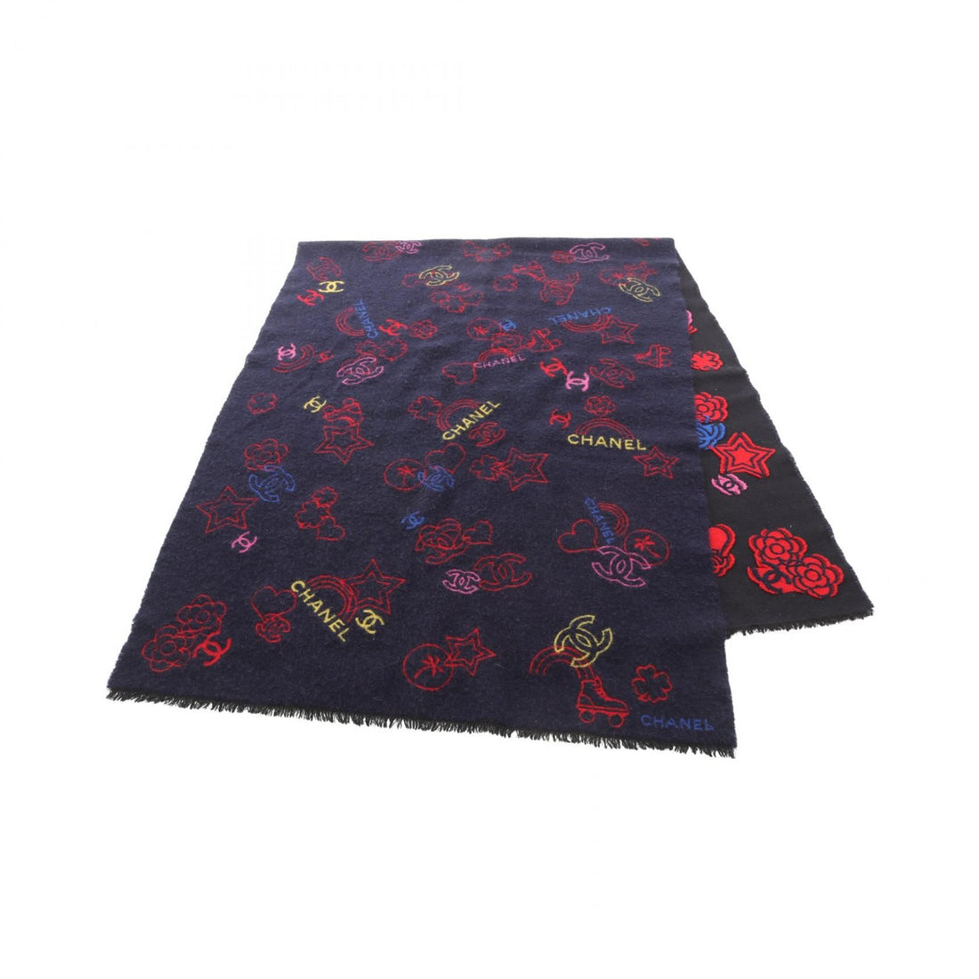 Chanel Navy Multicolor Coco Mark Camelia Scarf Wool Silk Cashmere