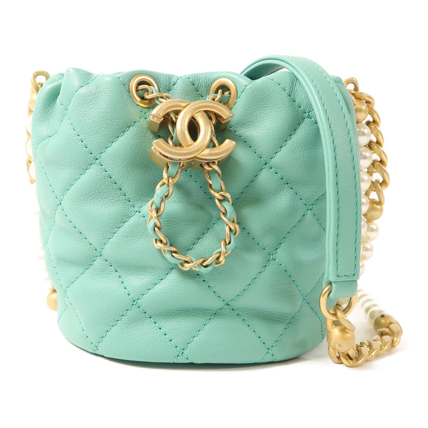 Chanel Green Sheepskin Leather Pearl Bucket Golden Shoulder Bucket Shoulder Bag Lambskin (sheep Leather)