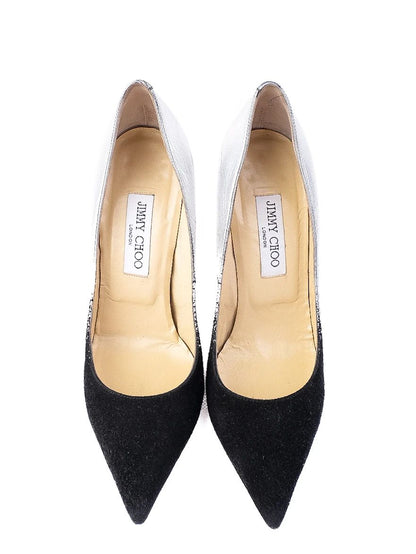Excellent Jimmy Choo Black Silver High-Heeled Shoes Leather Women&