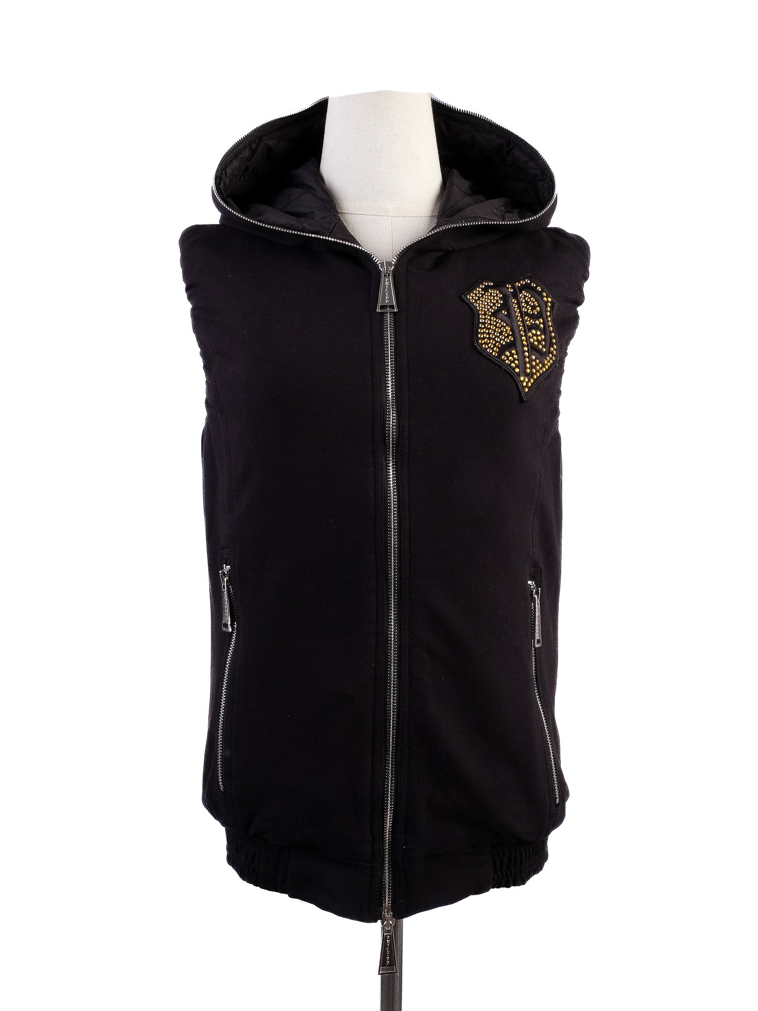Excellent Phillipp Plein Black Sleeveless Hoodie with Embellished Crest
