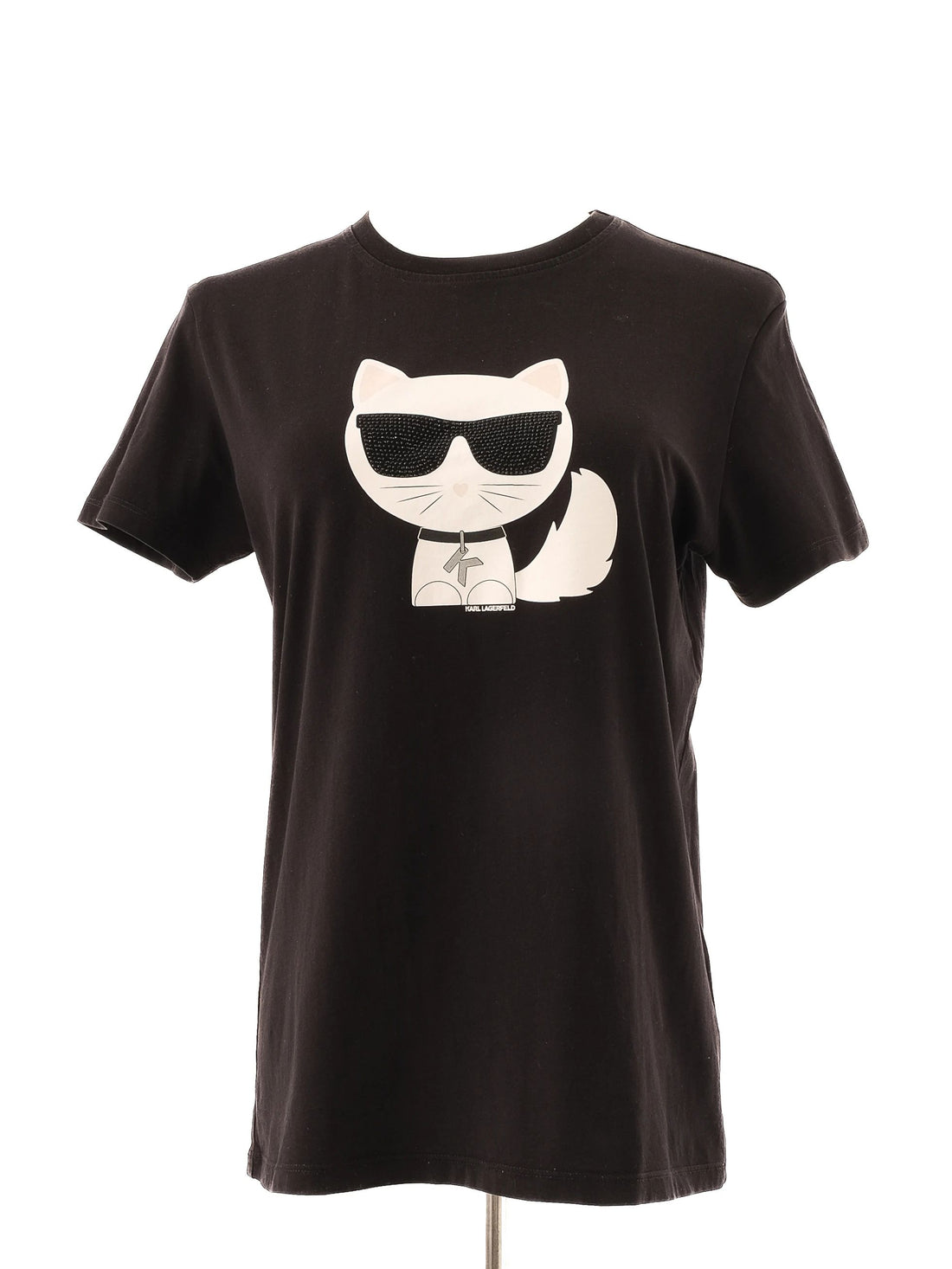 Excellent Karl Lagerfeld Black Cotton T-Shirt Size M with Cat Graphic