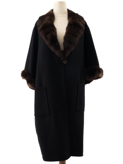 Perfect Loro Piana Black Cashmere Wool Coat with Fur Collar Size M