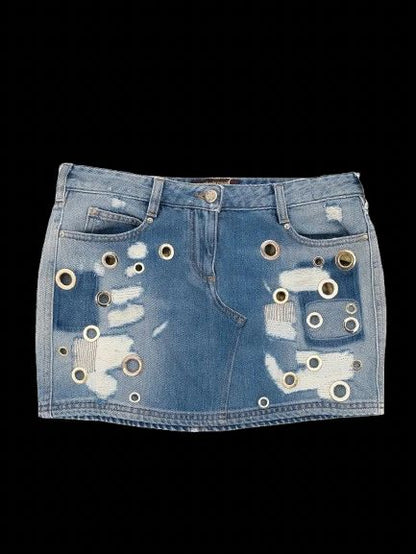 Roberto Cavalli Blue Cotton Denim Skirt with Distressed Design Size M