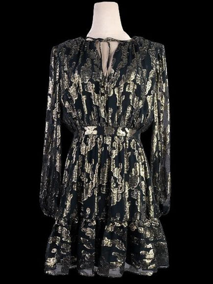 Cynthia Rowley Black Dress Size M Gold Floral Pattern Excellent Condition