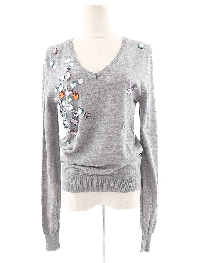 Excellent Burberry Gray Wool Sweater XS with Multicolored Embellishments