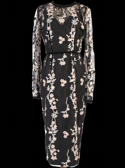 Excellent Bronx&amp;Banco Black Floral Dress with Sheer Sleeves, Size M