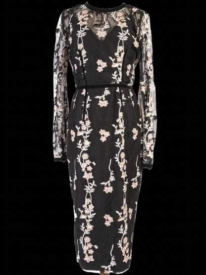 Excellent Bronx&amp;Banco Black Floral Dress with Sheer Sleeves, Size M