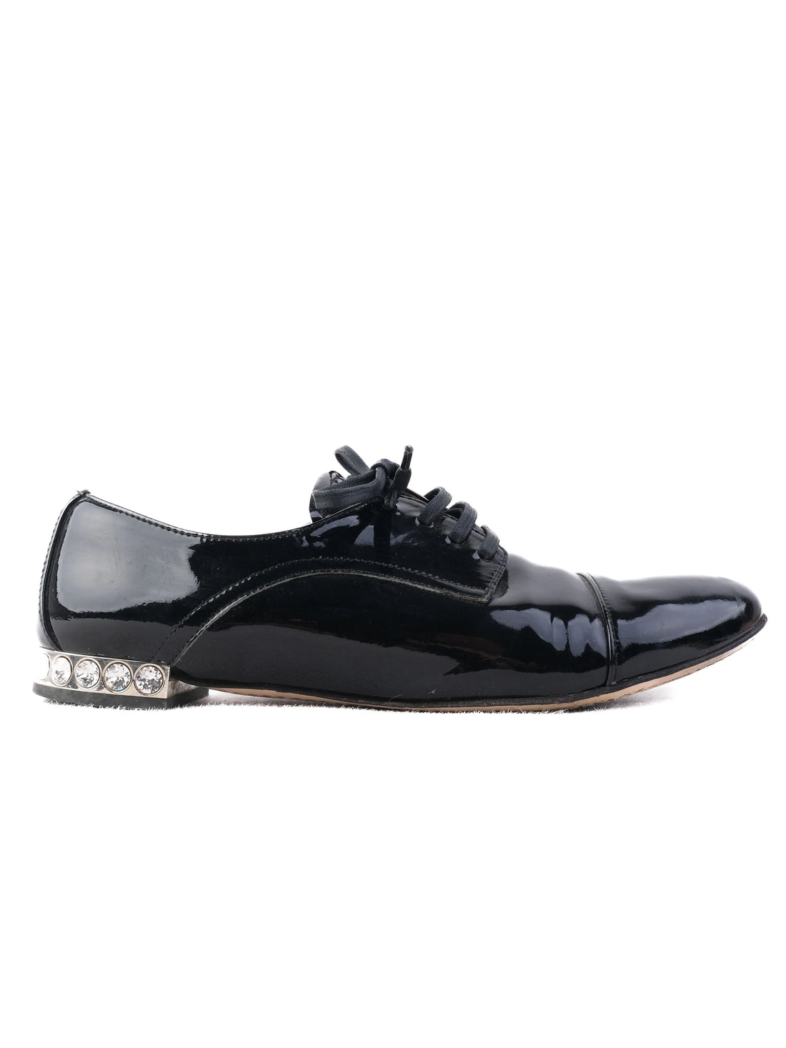 Excellent Miu Miu Black Leather Dress Shoes Size 36.5 with Rhinestones