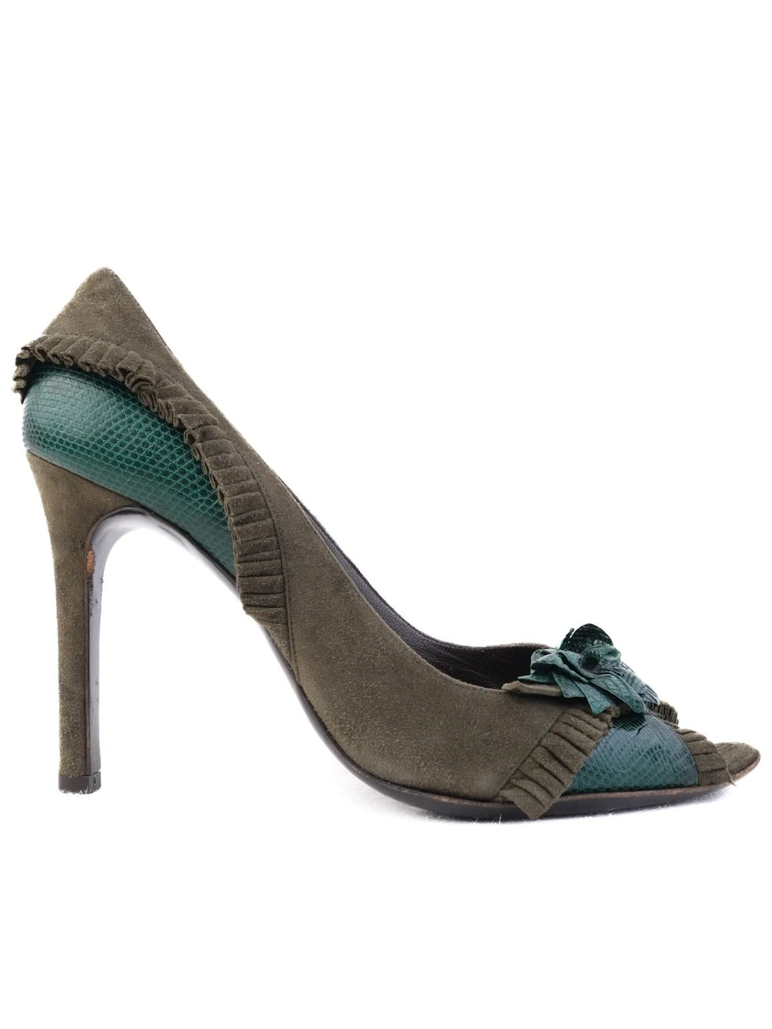 EXCELLENT Valentino Green Stiletto Heels Leather Open Toe Floral Embellishment