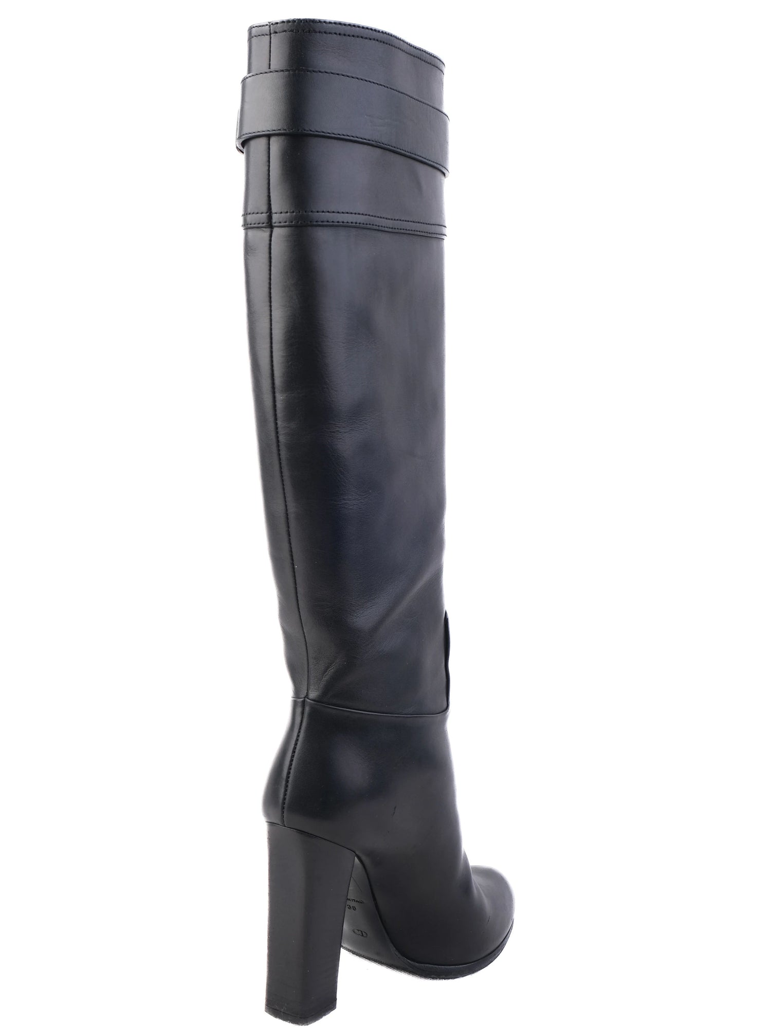 Excellent Dior Black Leather Knee-High Boots Size 36 with Buckle Detail