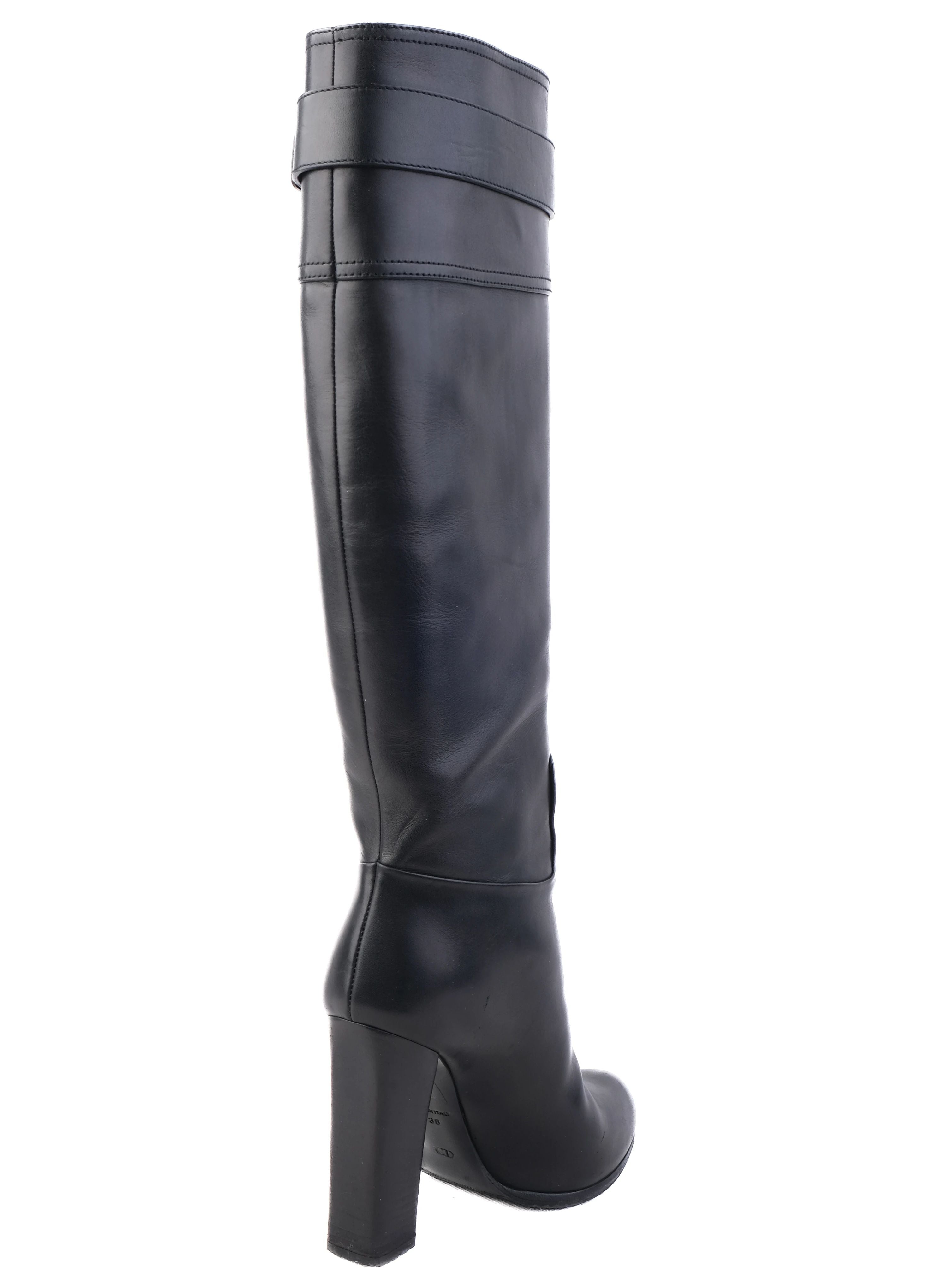 Excellent Dior Black Leather Knee-High Boots Size 36 with Buckle Detail